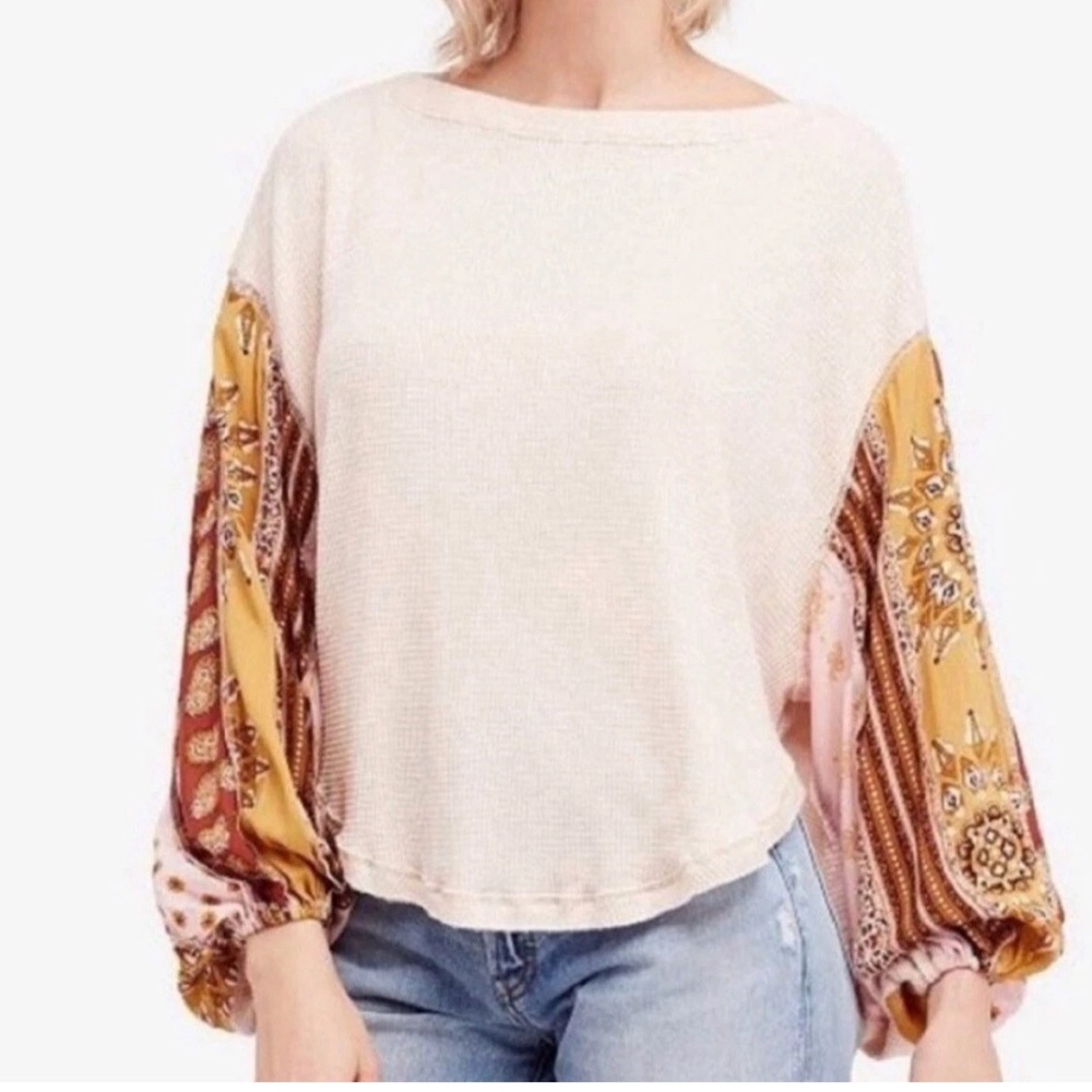 Free People Blossom Thermal Waffle Top Size S Relaxed Boho Hippie Oversized